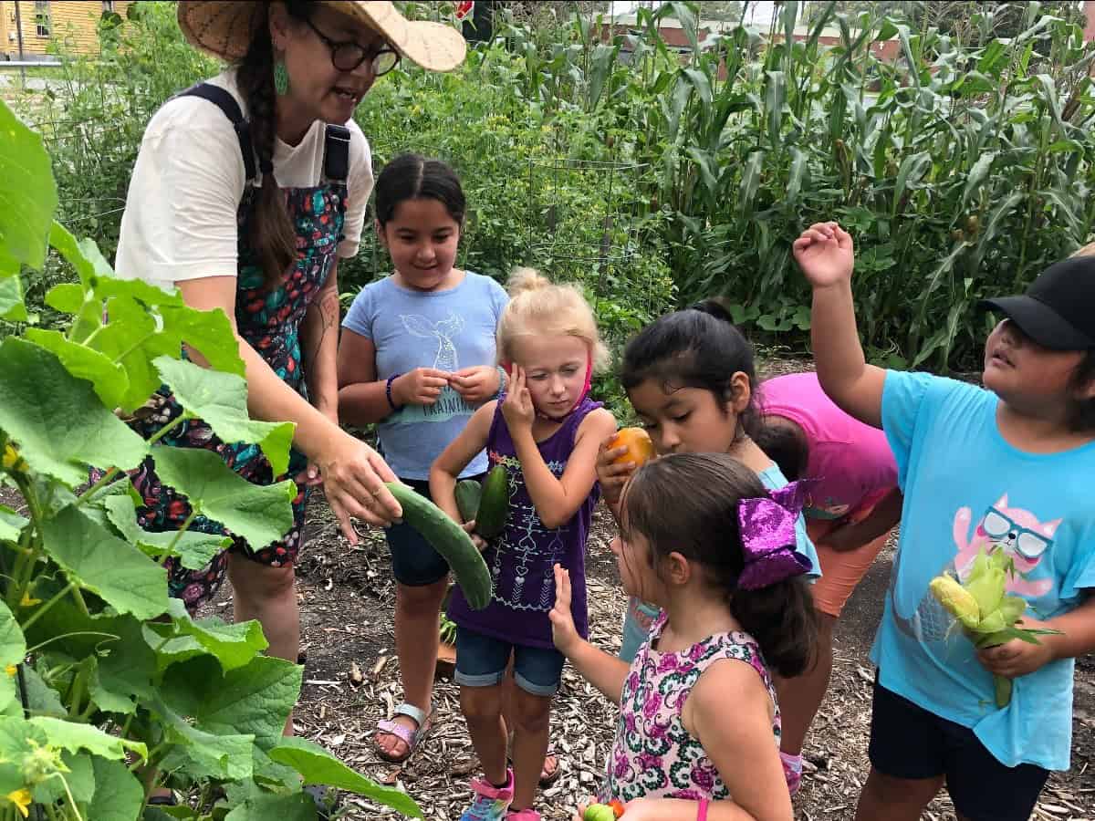 Farmers market educational activity with children and instructor. Children learning about vegetables and farming in a garden setting.